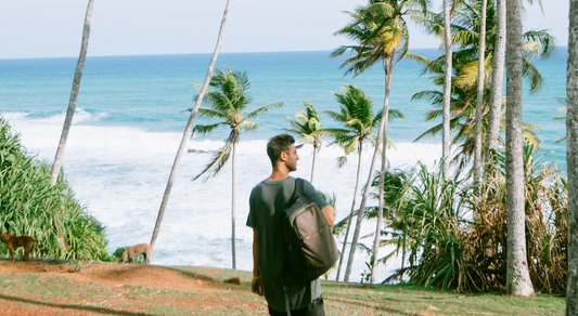 man with backpack staring at the beach surrounded by palm trees